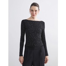 LC Waikiki Lcwaıkıkı Basic Siyah Kayık Yaka Taşlı Bluz