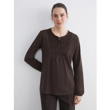 LC Waikiki Lcw Grace Kahverengi Bağlamalı Yaka Nakışlı Bluz