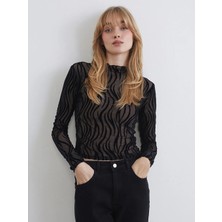 LC Waikiki Lcw Vision Siyah Dik Yaka Desenli Transparan Bluz