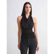 LC Waikiki Soulife Siyah Dökümlü Halter Yaka Büzgülü Bluz