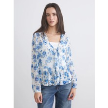 LC Waikiki Lcw Vision Mavi V Yaka Çiçekli Fırfırlı Şifon Bluz