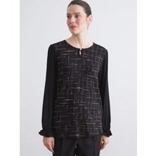 LC Waikiki Lcw Grace Siyah Bisiklet Yaka Desenli Bluz