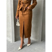 Studio Fashion 1988 Kadın Taba Premium Süet Midi Uzun Yüksek Bel Yırtmaçlı %100 Scuba Kumaş Etek