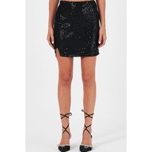 Studio Fashion 1988 Kadın Siyah Gümüş Pullu Payetli Mini Etek