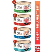 Felicia 24\'lü Tahılsız Premium Karışık Aromalı Kedi Konserve Maması Kedi Yaş Maması 85GR x 24 Adet