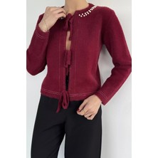 Gülseli Kadın Ön Bağlamalı Inci Detaylı Yumoş Triko Ceket (S-M-L Uyumludur) P-00018059