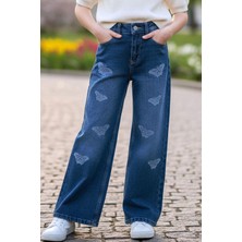 Breeze Kız Çocuk Jean Pantolon Kelebek Nakışlı 5-9 Yaş, Mavi