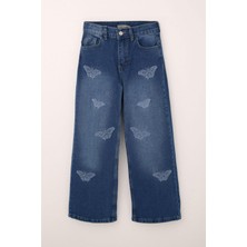 Breeze Kız Çocuk Jean Pantolon Kelebek Nakışlı 10-14 Yaş, Mavi