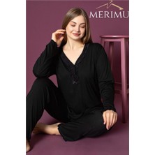 Kadın Büyük Beden Lacivert Uzun Kollu V Yaka ve Dantelli Bambu Pijama Takımı Merimu
