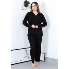 Meri Kadın Siyah Bambu Pamuk V Yaka Kadın Pijama Takımı P4327