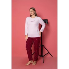 Meri Kadın Pembe Büyük Beden Uzun Kollu Yuvarlak Yakalı Pamuklu Milan Kumaş Battal Pijama Takımı