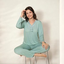 Meri Kadın Yeşil Uzun Kollu V Yakalı Puantiye Desenli Bambu Pamuk Pijama Takımı