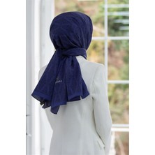 Vissona Lüks Medine Ipeği Barok Desenli Lacivert Renkli Kırışmaz Şal Moss Krep Dikiş Tipi Italyan Dikişli