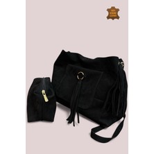 MaVaux Marilla %100 Hakiki Nubuk Salaş, Yumuşak Deri Püsküllü Şık Tasarım Yavrulu Omuz ve Çapraz Çanta