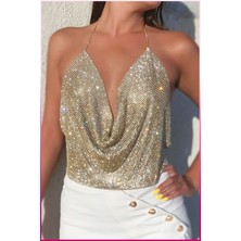 Veille Kristal Gold Taşlı Parlak Crop & Bluz Kolsuz Kayık Yaka Parti Plaj Büstiyer