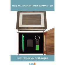Letsii Şık Yeşil Ahşap Kutulu Kalem Anahtarlık ve Çakmak Seti
