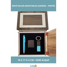 Letsii Ahşap Kutulu Mavi Kalem Anahtarlık ve Çakmak Seti