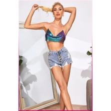 Veille Kadın Parlak Taşlı Payetli Mini Crop Kayık Yaka Seksi Zincirli Bluz Zırh Büstiyer