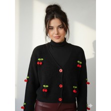 Ribana Classic Kadın V Yaka Pinterest Kiraz Aksesuarlı Örme Triko Hırka