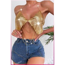 Veille Desenli Zincirli Işıltılı Halter Yaka Parti Üstü & Kadın Gecelik Bluz