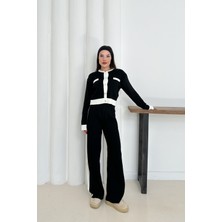 Newco Kadın Siyah Beyaz Detaylı Triko Ikili Takım Düğmeli Hırka Üst ve Rahat Geniş Paça Pantolon - Siyah