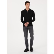 Cacharel Siyah Regular Fit Yün Karışımlı Fermuarlı Polo Yaka Basic Triko Kazak 50318901 VR046