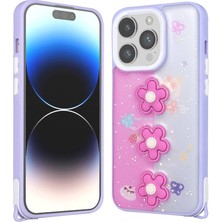 Akare Apple iPhone 14 Pro Max Kılıf Parlayan Sıvılı Simli Kabartma Figürlü Akre Cevze Kapak-Mor Papatya