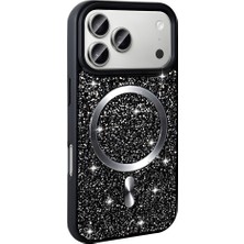 Akare iPhone 17 Pro Kılıf Pırlanta Tasarımlı M-Safe Şarj Özellikli Zore Mozaik Silikon Kapak - Siyah