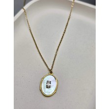 Duru Aksesuar Çelik Gold Renk Zirkon Taşlı Sedefli Oval Kolye