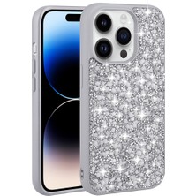 Akare Apple iPhone 14 Pro Kılıf Parlak Taşlı Tasarım Akre Linea Kapak-Gümüş