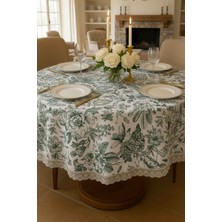 Rona Home Yeşil Yaprak Desenli Lüks Yuvarlak Masa Örtüsü Güpürlü Çeyizlik Sofra Bezi