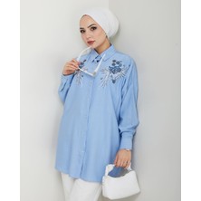 Gacir Boncuk Taş Nakış Işlemeli Pamuklu Oversize Gömlek