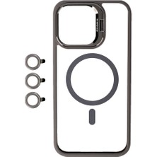 Akare iPhone 15 Pro Uyumlu Magsafe Wireless Şarj Özellikli Standlı Akre Magsafe Klon Lensli Kapak-Gri