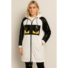 Sibel Günay Butik Kadın Kapüşonlu Pullu Paraşüt Kumaş Fermuarlı Beyaz Ceket | Penye Astarlı