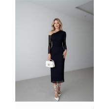 Defy Moda Tek Omuz Astarlı Sade Tül Elbise