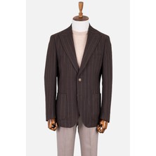 Erkek Iki Düğme Ceket Yarım Astar Çizgili Torba Cep Casual  Metal Düğme Kahverengi