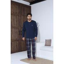 Meri Erkek Mavi Uzun Kollu Düğmeli Yuvarlak Yakalı Ekose Desen Erkek Pijama Takımı