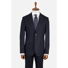 Erkek  Klasik Takım Elbise Çizgili Kırlangıç Yaka Puntolu Çift Yırtmaç Rahat Kalıp Lacivert