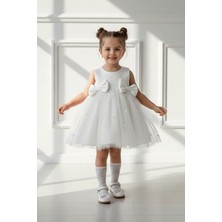 Bertuğ Bebek Brokar Beyaz Hayal Tül Gül Detaylı Fiyonklu Abiye Elbise