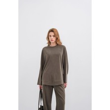 Haki Kadın Tencel Karışımlı Yumuşak Dokulu Bisiklet Yaka Basic Bol Paça Alt-Üst Takım
