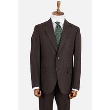 Erkek Klasik Takım Elbise Flanel Yün Mono Yaka Çift Yırtmaç Rahat Kalıp Kahverengi