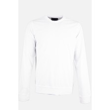 Erkek Bisiklet Yaka Sweatshirt Merserize Dokuma Pamuk Rahat Kalıp Beyaz