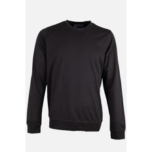 Erkek Bisiklet Yaka Sweatshirt Merserize Dokuma Pamuk Rahat Kalıp Siyah