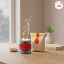 Miaju Sevgiliye Verilebilecek Zarif Hediye, Kişisel Yazı Eklenebilir Çift Alevli ve Deri Detaylı Mum, Mavi