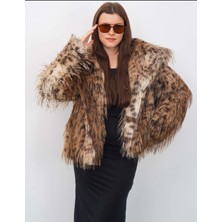 Sibel Günay Butik Kadın Şal Yaka Saçaklı Leopar Desen Kürk Mont | Astarlı – Çıtçıt Kapamalı – Çift Cepli