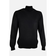 Erkek Tam Balıkçı Yaka Triko Kazak Slim Fit Yün Siyah