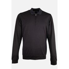 Erkek Sweatshirt Polo Yaka Merserize Dokuma  Fermuarlı Siyah