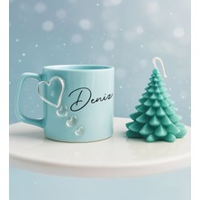 Bk Gift Kişiye Özel Isimli Kabartmalı Kalpli Tasarım Mavi Kupa Bardak & Çam Ağacı Mum -1, Sevgiliye Hediye, Ev Hediyesi