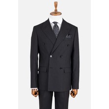 HC MEN CLASSIC Erkek Siyah Kırlangıç Yaka Çizgili Modern Fit Kruvaze Takım Elbise