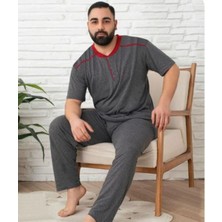 Meri Erkek Büyük Beden Gri Düğmeli Yakan Kısa Kol Pamuk Süprem Pijama Takımı